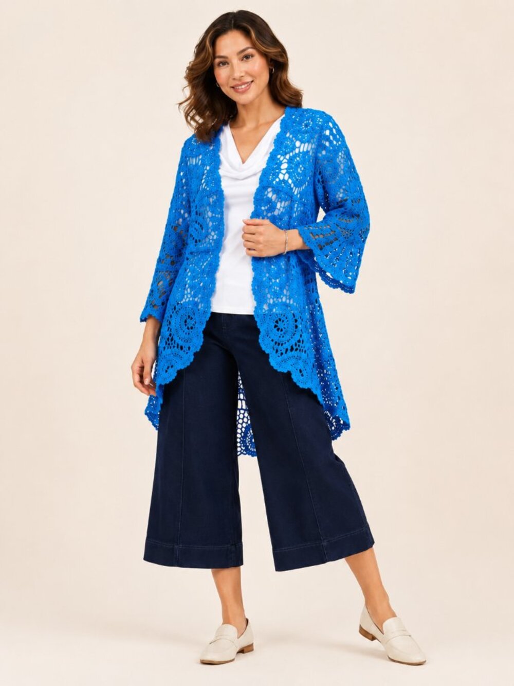 Nina Leonard ocean Surf Crochet Bell Sleeve High Low Cardigan NWOT